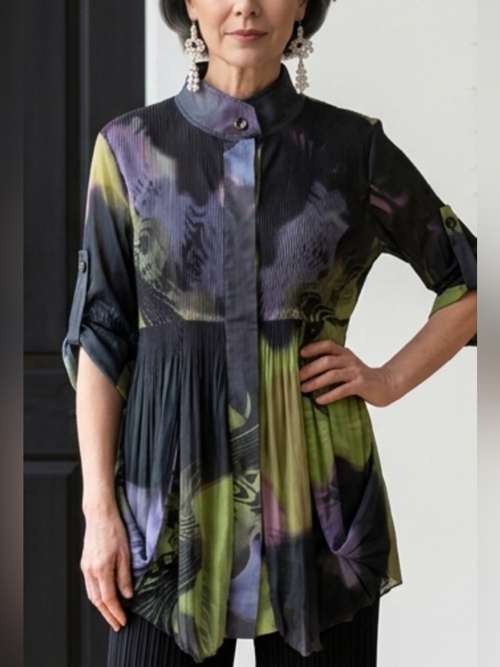 Elena Wang Black Green Abstract Tunic Small